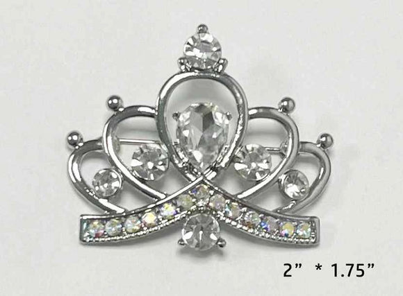 SILVER CROWN BROOCH CLEAR AB STONES ( 3769 S )