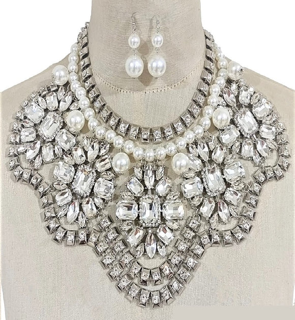 SILVER NECKLACE SET CLEAR STONES ( 3512 RHCL )