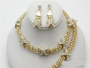 GOLD NECKLACE SET X CLEAR STONES MATCHING BRACELET ( 13527 GCL )