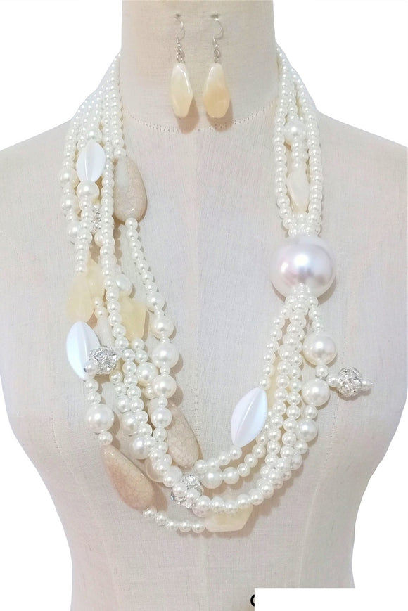 LONG LARGE WHITE PEARL NECKLACE SET STONES ( 3416 RHWHT )