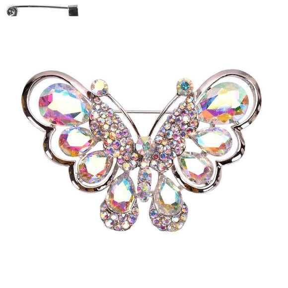 SILVER BUTTERFLY BROOCH AB COLOR ( 10414 SAB )
