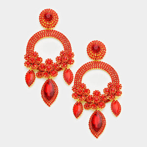 5 1/4" Long Large GOLD RED Open Round Chandelier Rhinestone PIERCE Earrings ( 5319 )