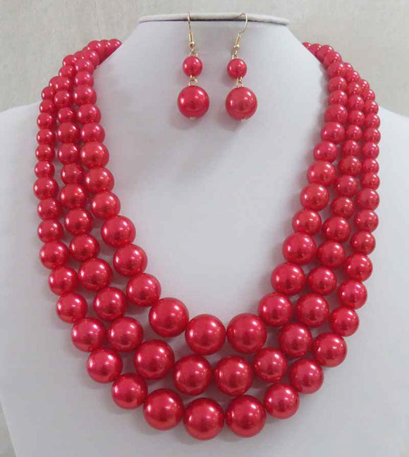 3 STRAND RED PEARL NECKLACE SET ( 593 RD )