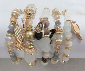 GOLD WHITE STRETCH BRACELETS BEAUTY CHARMS ( 5902 GWT )