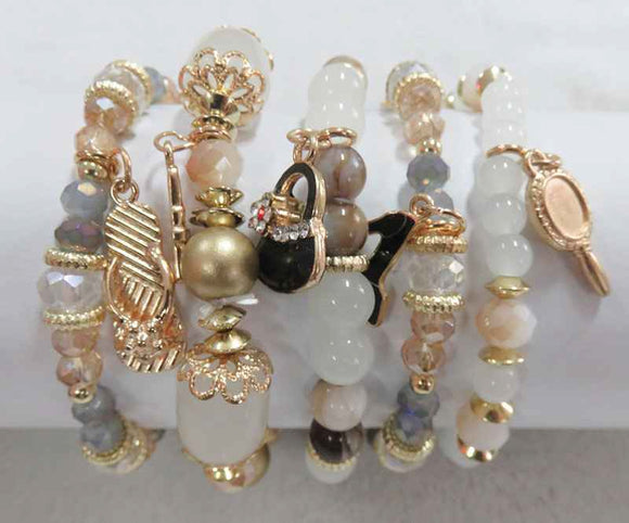 GOLD WHITE STRETCH BRACELETS BEAUTY CHARMS ( 5902 GWT )