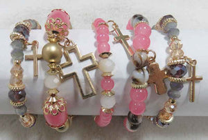 GOLD PINK STRETCH BRACELETS CROSS CHARMS ( 5906 PK )