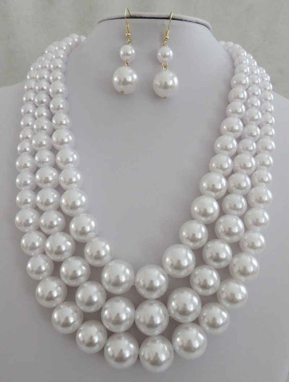 3 STRAND GOLD CREAM PEARL NECKLACE SET ( 593 CRM )