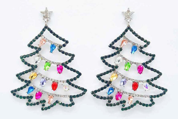 SILVER MULTI COLOR STONE CHRISTMAS TREE EARRINGS ( 2221 RHMT )