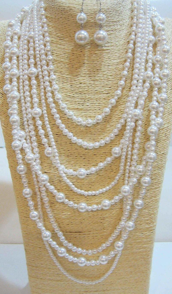 WHITE BALL MULTI LAYERED NECKLACE WITH EARRINGS ( 556 WT ) - Ohmyjewelry.com