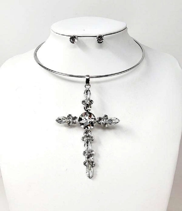 SILVER CLEAR CHOKER NECKLACE SET CROSS ( 10488 RCL )