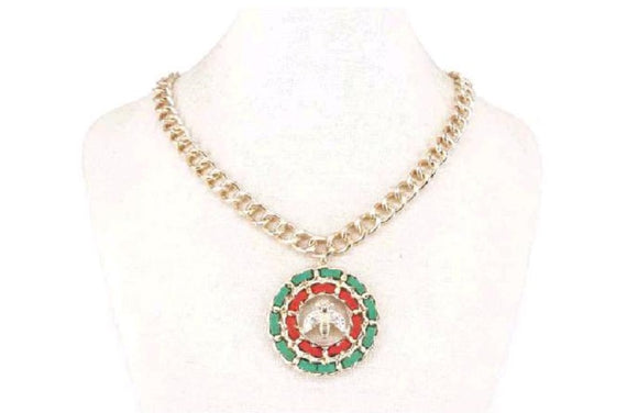 GOLD NECKLACE SET GREEN RED BEE PENDANT ( 2799 GDGRRD )