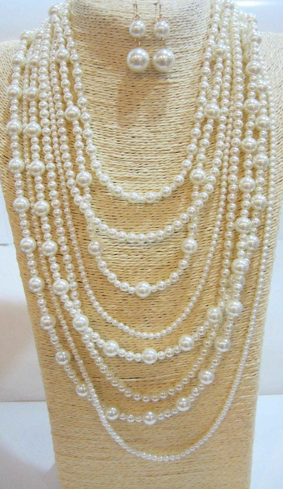 CREAM PEARL NECKLACE WITH EARRINGS ( 556 ) - Ohmyjewelry.com
