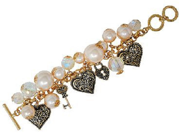 GOLD PEARL BRACELET HEART LOCK CHARMS ( 00926 AGPL )