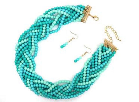 GOLD TURQUOISE MINT BEAD NECKLACE SET ( 7559 TQMU )