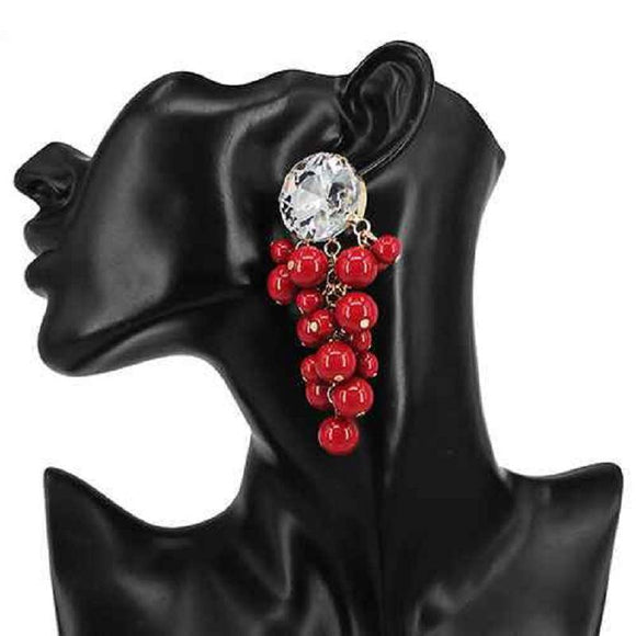 GOLD BURGUNDY PEARL BALL CLUSTER EARRINGS CLEAR STONE ( 7223 BGD ) - Ohmyjewelry.com