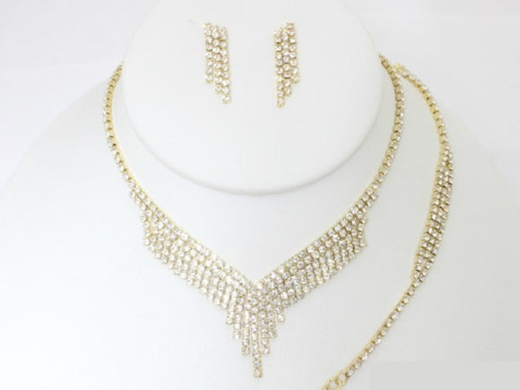TEEN SIZE GOLD NECKLACE SET CLEAR STONES MATCHING BRACELET ( 19218 GCL )