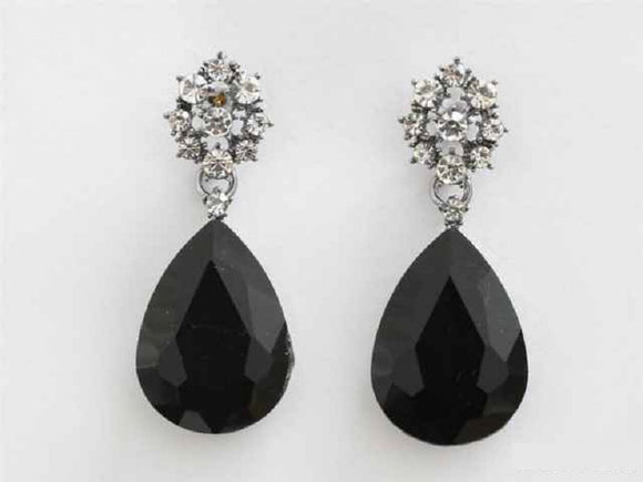 SILVER EARRINGS CLEAR BLACK STONES ( 5898 SBK )