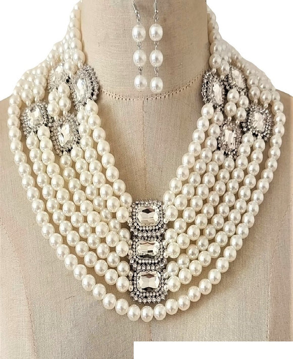 SILVER NECKLACE SET WHITE PEARLS ( 3523 RHWHTCL )