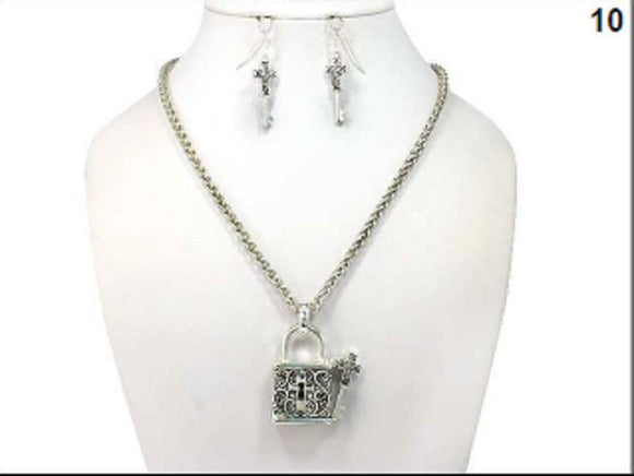 SILVER NECKLACE SET LOCK CROSS CHARMS ( 04354 ) - Ohmyjewelry.com