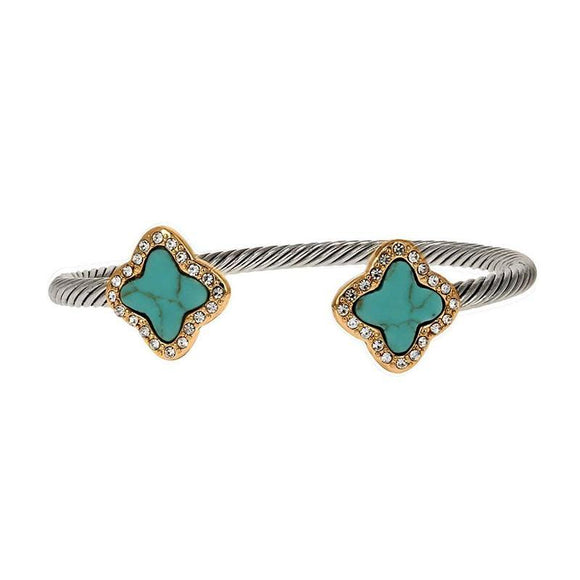 Two Tone TURQUOISE Clover Cable Wire Cuff Bracelet ( 1022 TQ ) - Ohmyjewelry.com