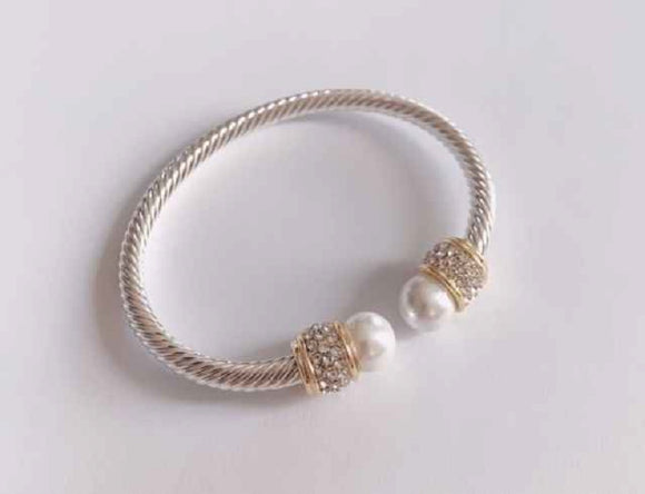 SILVER CUFF CABLE BANGLE CLEAR STONES WHITE PEARLS ( 743 WT )