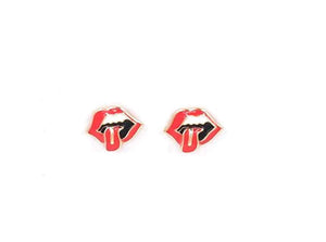 GOLD RED LIPS TONGUE STUD EARRINGS ( 3897 )