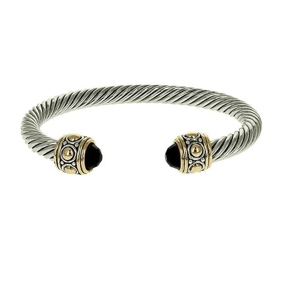 SILVER GOLD CUFF BANGLE BLACK STONES ( 1002 BK ) - Ohmyjewelry.com