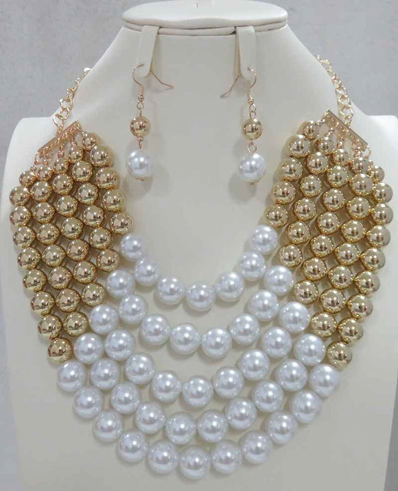 SHINY GOLD BALL WHITE PEARL NECKLACE SET ( 604 GWT )