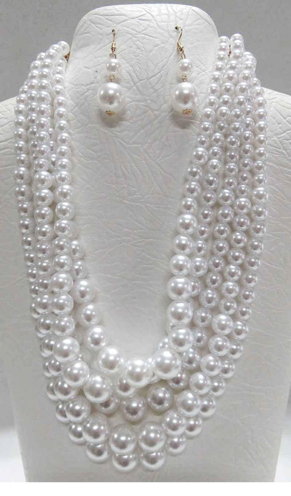 5 STRAND WHITE PEARL NECKLACE SET GOLD ( 3869 WT ) - Ohmyjewelry.com