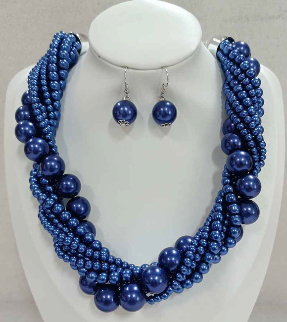 SILVER ROYAL BLUE PEARL NECKLACE SET ( 603 ROYAL )