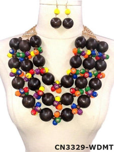 GOLD MULTI COLOR WOODEN NECKLACE SET ( 3329 ) - Ohmyjewelry.com