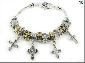 GOLD Silver Beaded Cross Theme Charm Bracelet ( 01026 TT ) - Ohmyjewelry.com