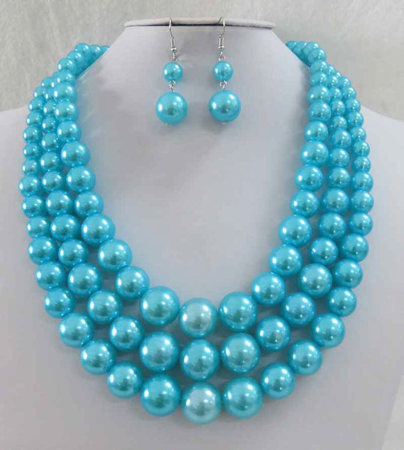 3 STRAND TURQUOISE PEARL NECKLACE SET ( 593 TQ )