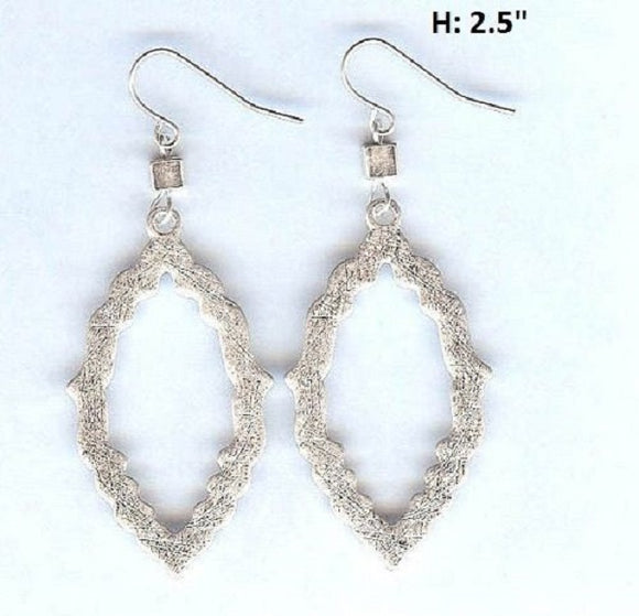 Brushed Matte Silver Moroccan Design Dangle Fish Hook Earrings ( 5073 )