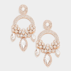 5 1/4" Long Large Rose Gold Clear Open Round Chandelier Rhinestone PIERCE Earrings ( 5319 )