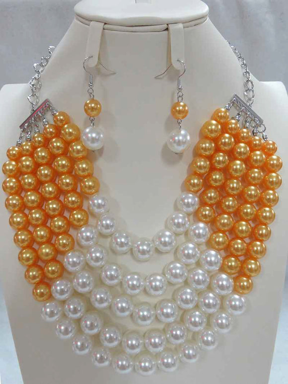 SILVER ORANGE CREAM PEARL NECKLACE SET ( 604 ORCM )