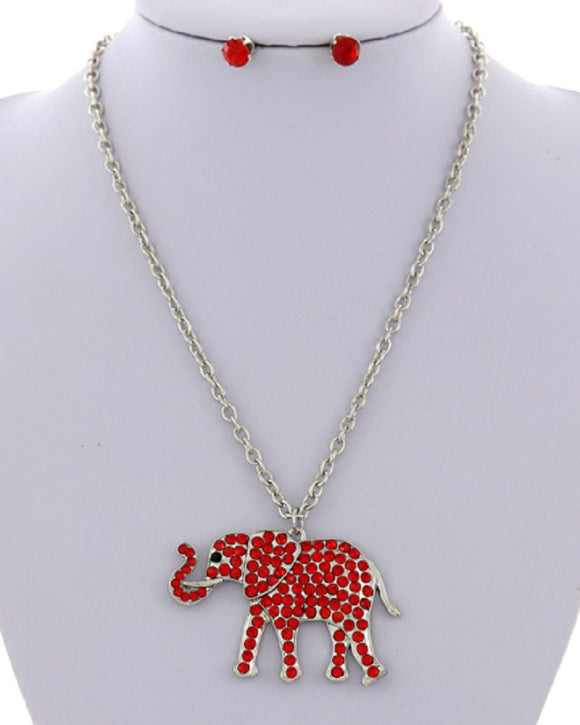 SILVER ELEPHANT NECKLACE SET WITH RED STONES ( 1321 )