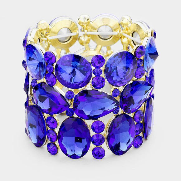 Gold Royal Blue Oval, Teardrop, and Round Shape Formal Stretch Bracelet ( 0036 ) - Ohmyjewelry.com