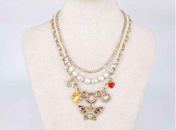 GOLD CREAM NECKLACE SET FRESH WATER PEARLS BUTTERFLY