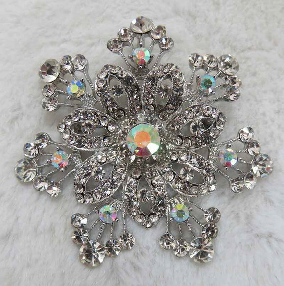 SILVER FLOWER BROOCH CLEAR AB STONES ( 2975 SCL )