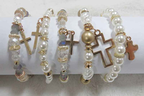 GOLD WHITE PEARL STRETCH BRACELETS CROSS CHARMS(5906)