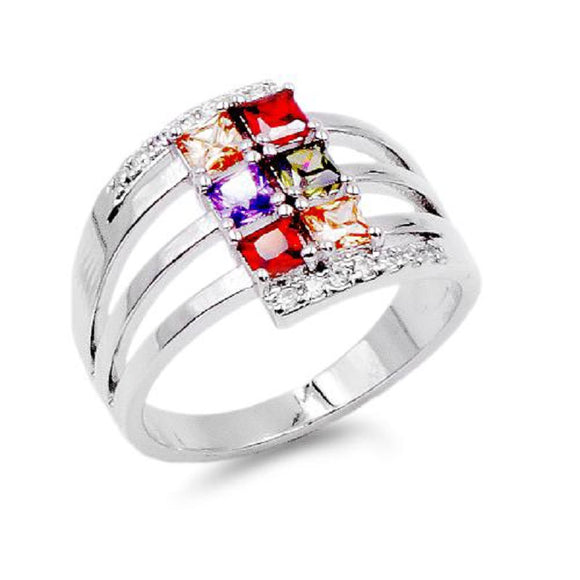 SILVER RING MULTI COLOR CZ CUBIC ZIRCONIA STONES SIZE 8 ( 1142 SVMT SIZE8 )
