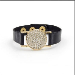 BLACK LEATHER GOLD BRACELET WATCH DESIGN CLEAR STONES ( 2158 GDBLK ) - Ohmyjewelry.com