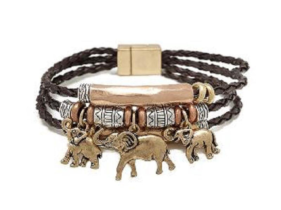 BROWN LEATHER MULTI COLOR ELEPHANT BRACELET ( 00127 ) - Ohmyjewelry.com