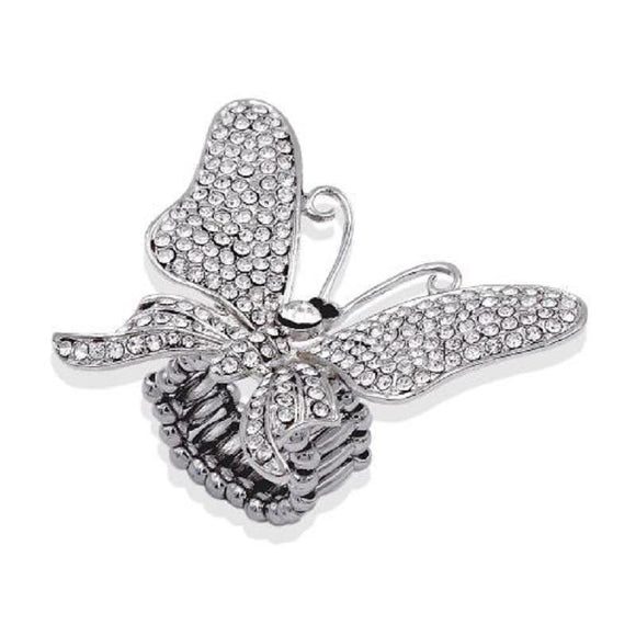 SILVER BUTTERFLY STRETCH RING CLEAR STONES ( 2189 SVCL ) - Ohmyjewelry.com