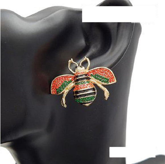 GOLD RED GREEN BLACK BEE EARRINGS ( 2855 GDGMT ) - Ohmyjewelry.com