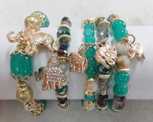 GOLD TURQUOISE STRETCH BRACELETS ELEPHANTS ( 5901 TQ )