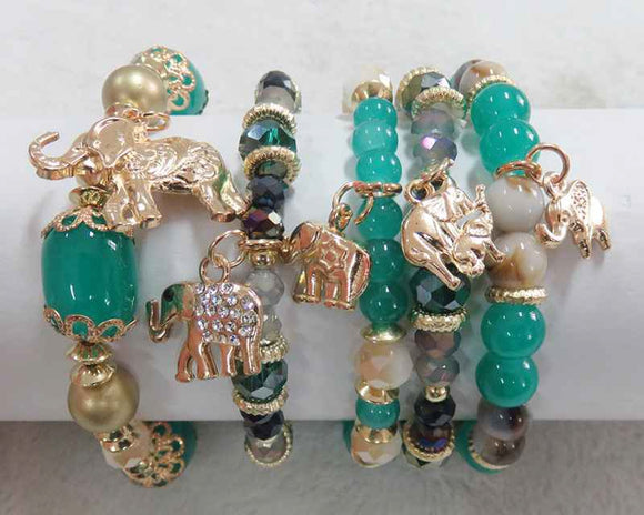 GOLD TURQUOISE STRETCH BRACELETS ELEPHANTS ( 5901 TQ )