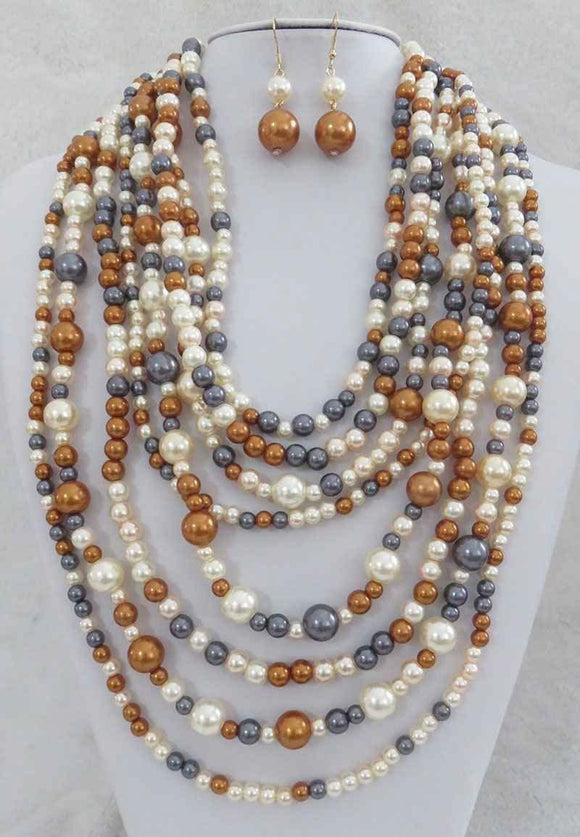 BROWN MULTI COLOR MULTI LAYERED NECKLACE SET ( 556 BNMT ) - Ohmyjewelry.com