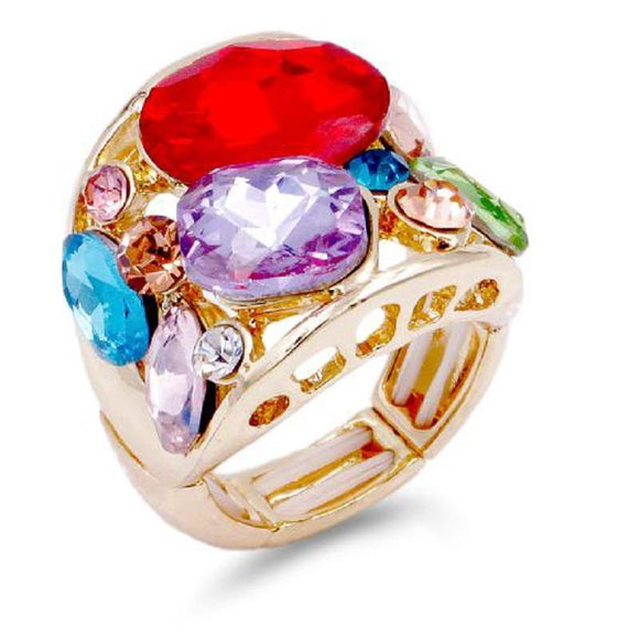 GOLD STRETCH RING MULTI COLOR STONES ( 2237 GDMT ) - Ohmyjewelry.com